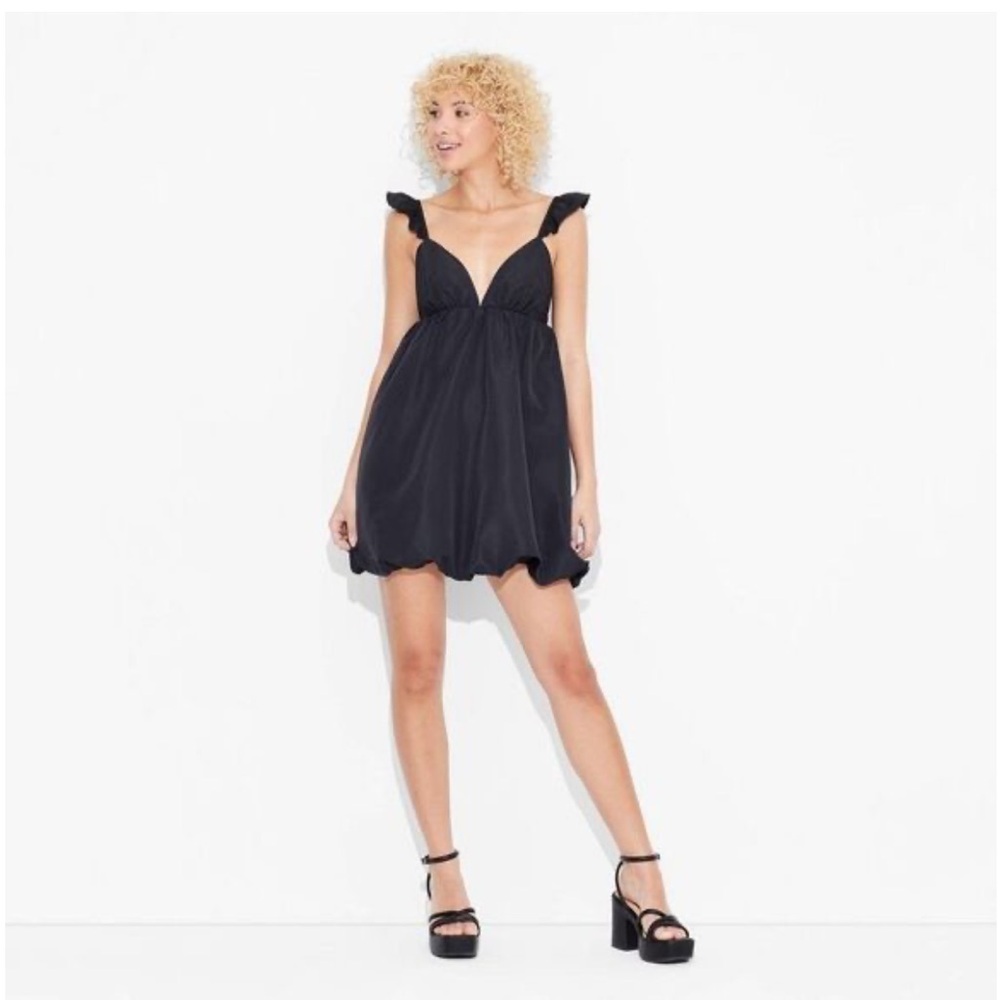 NWT Wild Fable Mini Dress Flutter Cap Sleeve Bubble Dress Black Satin Size XS